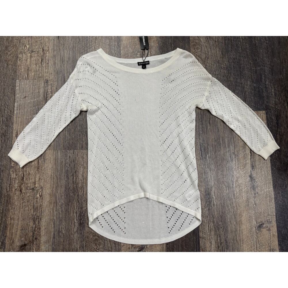Express Womens XS White Pointelle‎ Knit High Low Sweater 3/4 Sleeve Rayon Top